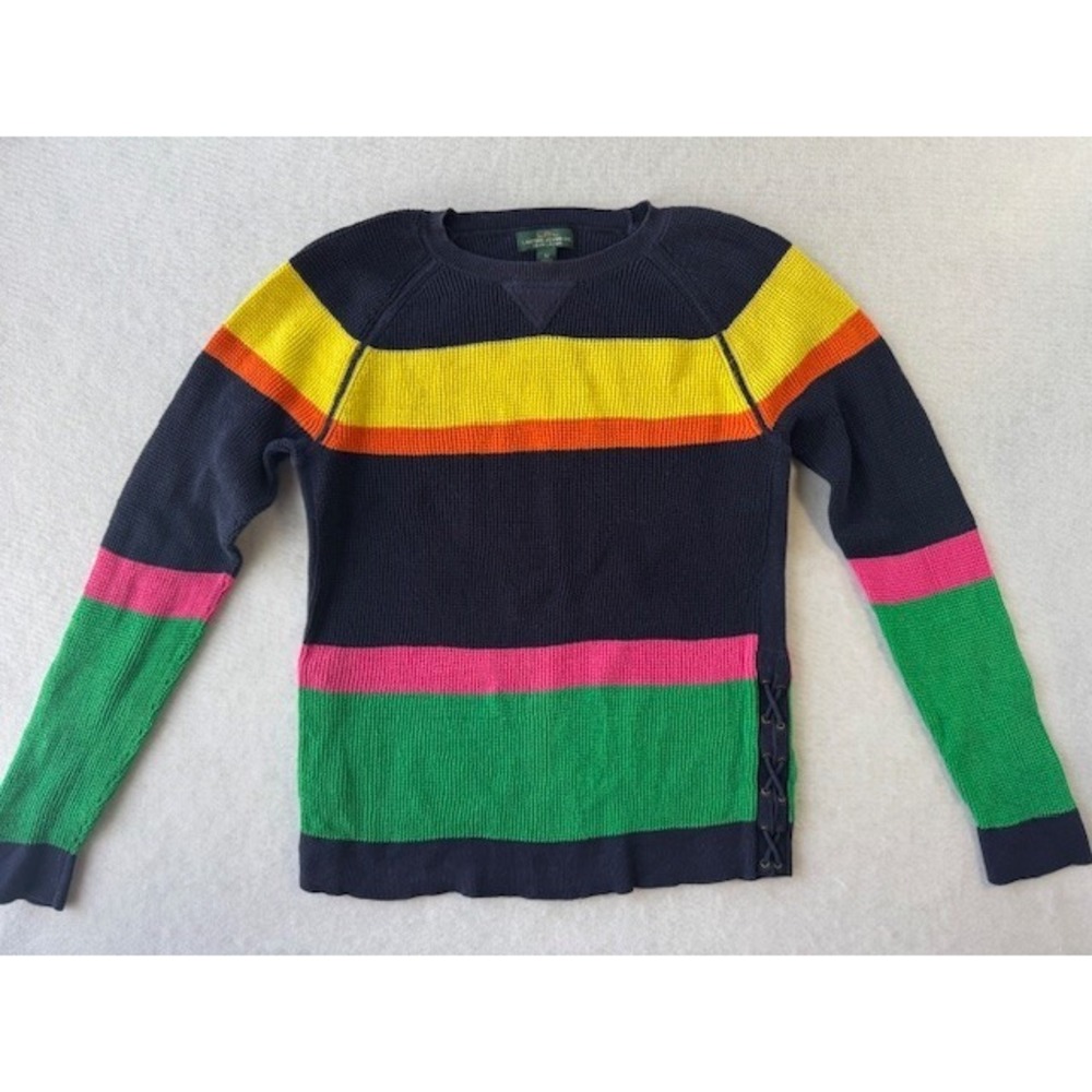 Lauren Jeans Ralph Striped Multicolor Block Laced Sides Waffle Weave Sweater MED
